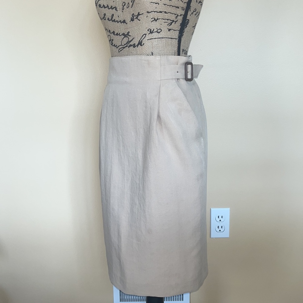 Khaki Linen Blend Midi Pencil Skirt